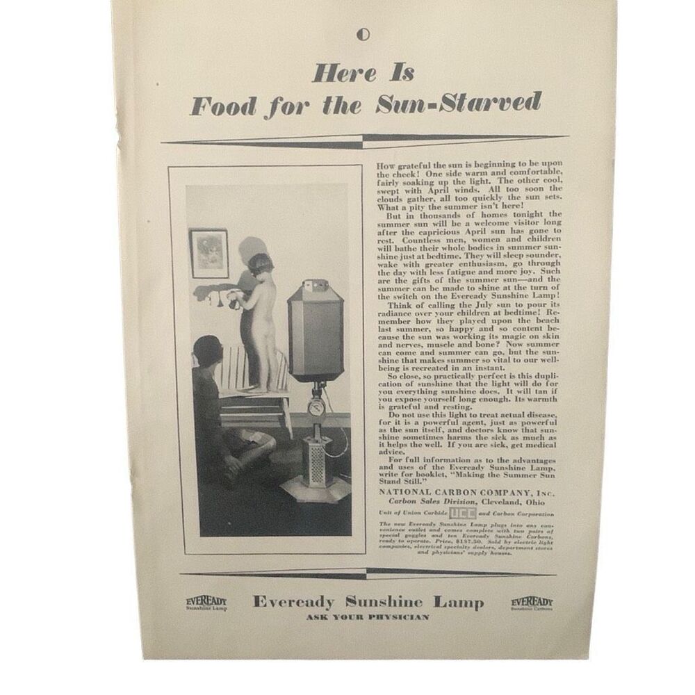 Vintage 1929 Eveready Sunshine Lamp Sun Starved Ad Advertisement